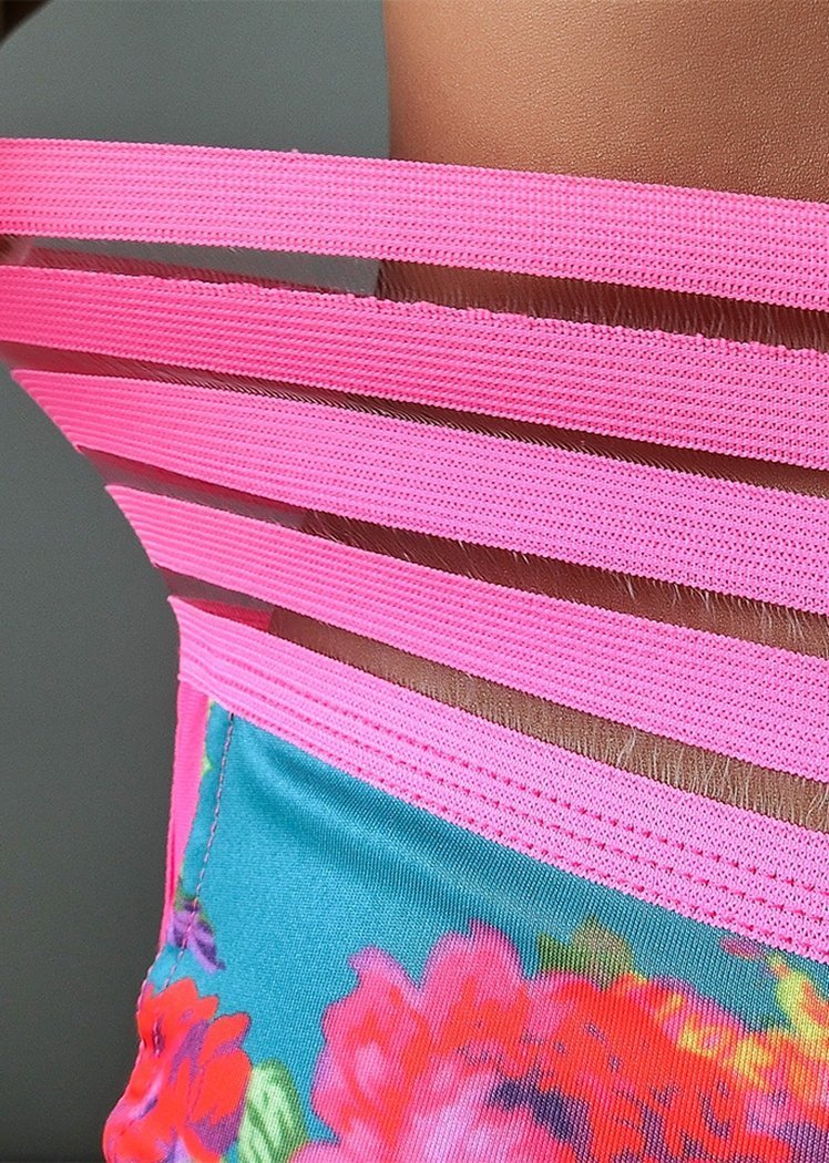 Chicvane Pink Mesh Floral Print High Waisted Workout Yoga Shorts