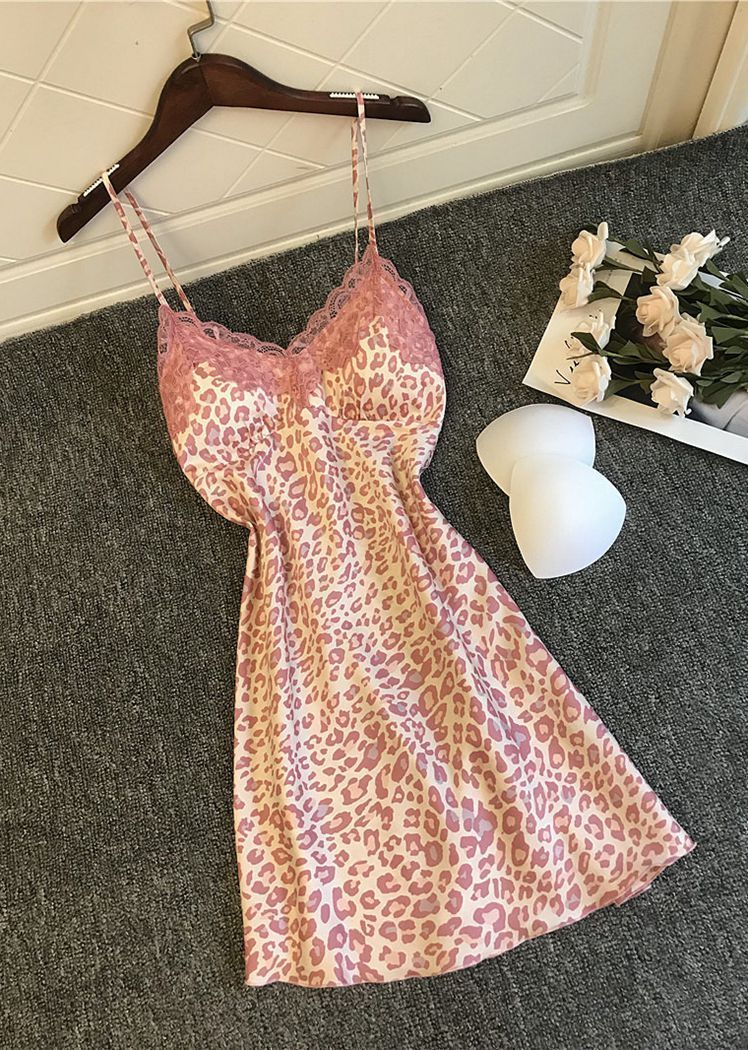 Fashion Pink Leopard Printed Lace Trim Satin V Neck Spaghetti Straps Night Dress