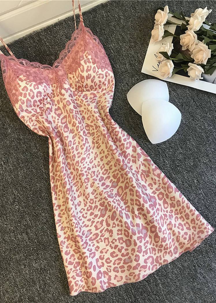 Fashion Pink Leopard Printed Lace Trim Satin V Neck Spaghetti Straps Night Dress