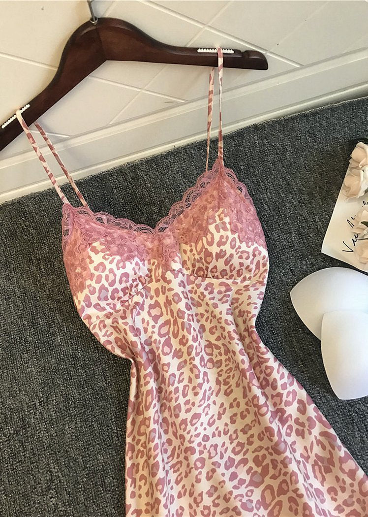 Fashion Pink Leopard Printed Lace Trim Satin V Neck Spaghetti Straps Night Dress