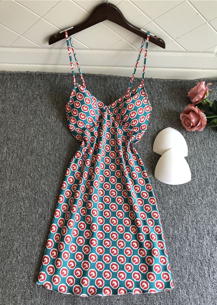 Fashion Letter Pattern Satin V Neck Spaghetti Straps Night Dress