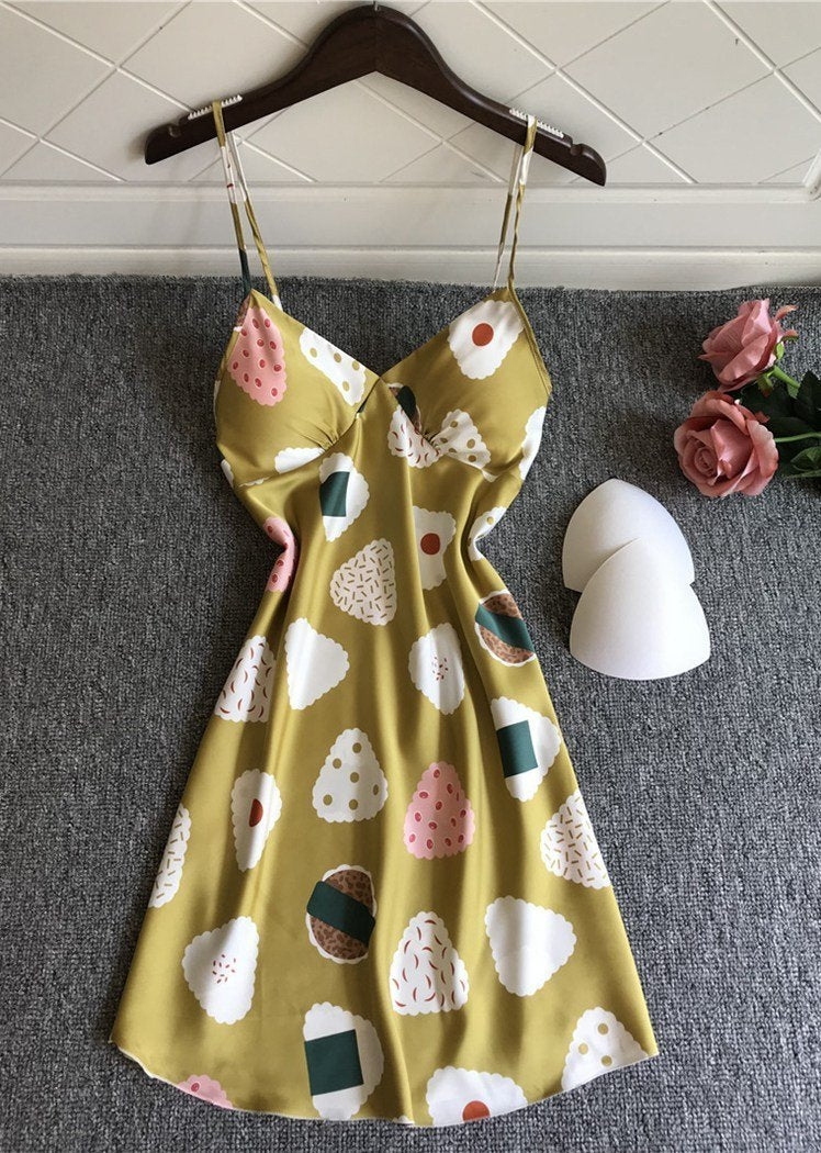 Fashion Cartoon Pattern Satin V Neck Spaghetti Straps Night Dress