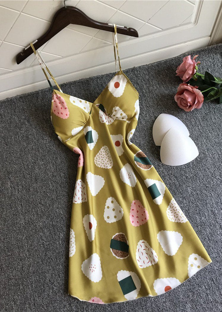 Fashion Cartoon Pattern Satin V Neck Spaghetti Straps Night Dress