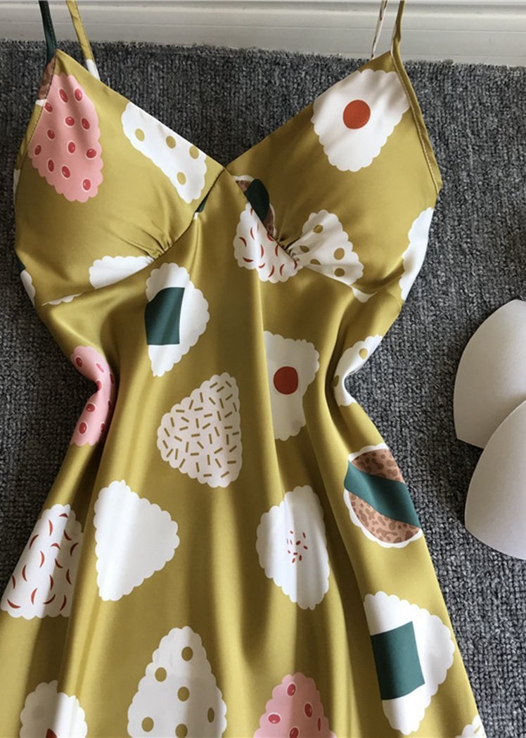 Fashion Cartoon Pattern Satin V Neck Spaghetti Straps Night Dress