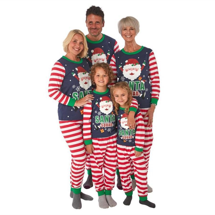 Fashion Cute Santa Claus Print Striped Long Sleeve 2 Pieces Christmas Family Outfits