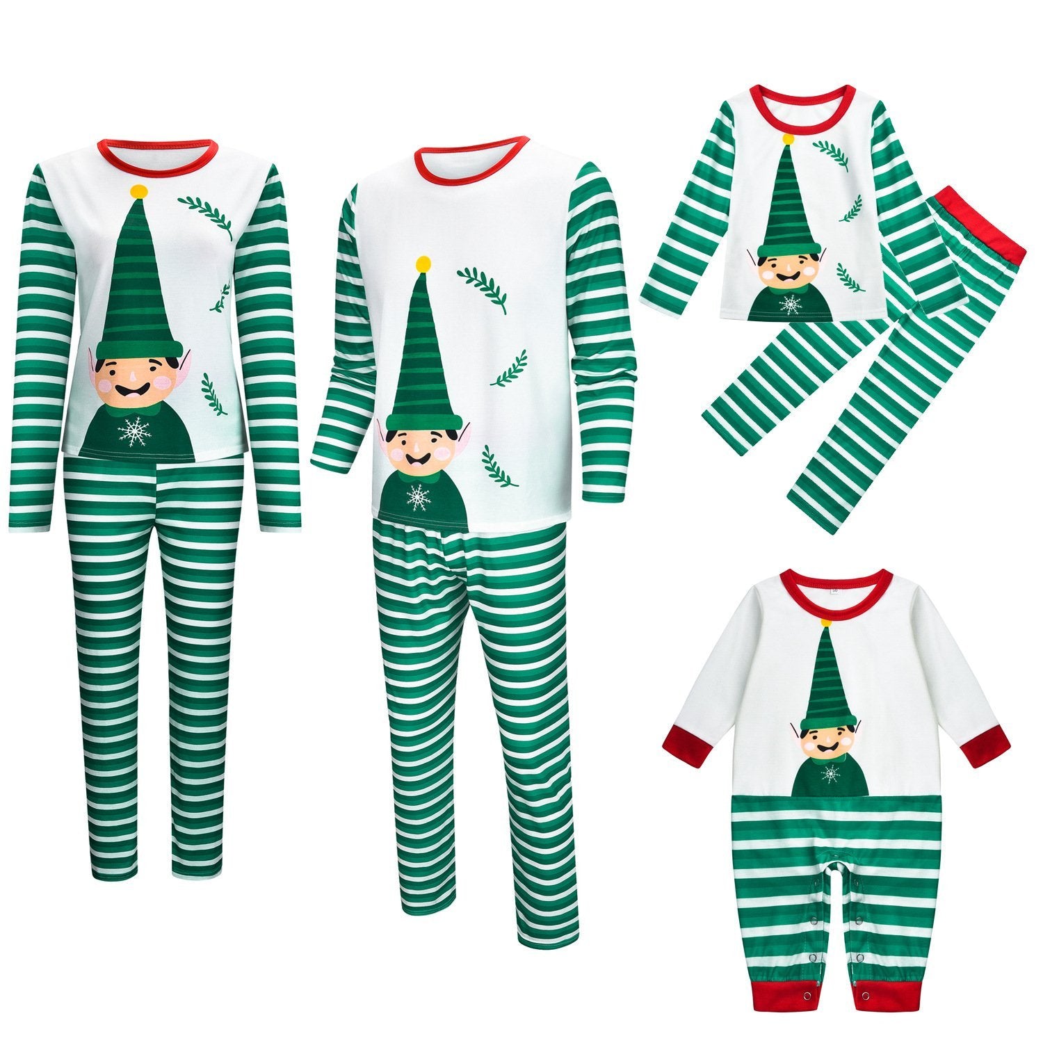 Fashion Elves Print Green Striped Long Sleeve 2 Pieces Christmas Pagamas Family Outfits