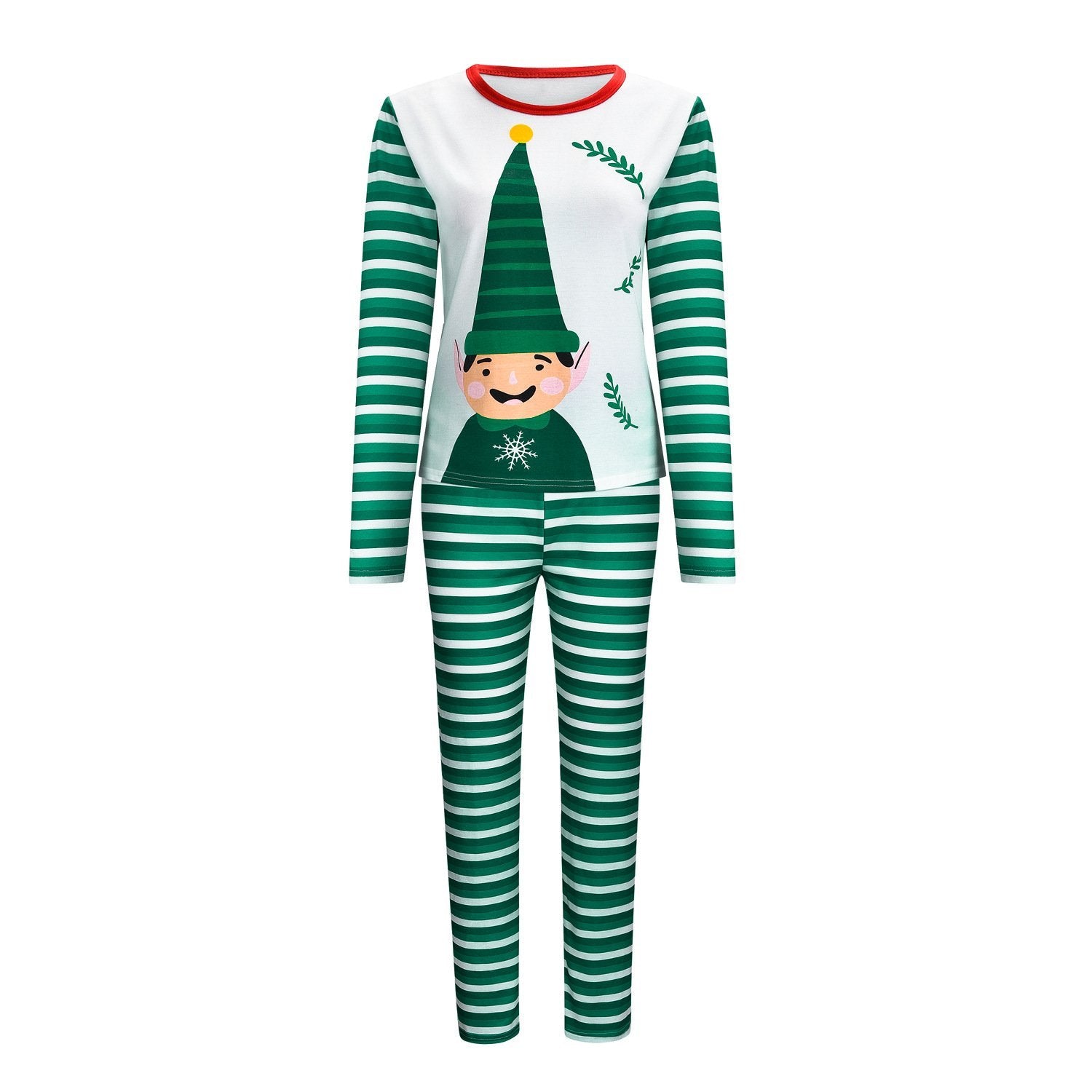 Fashion Elves Print Green Striped Long Sleeve 2 Pieces Christmas Pagamas Family Outfits