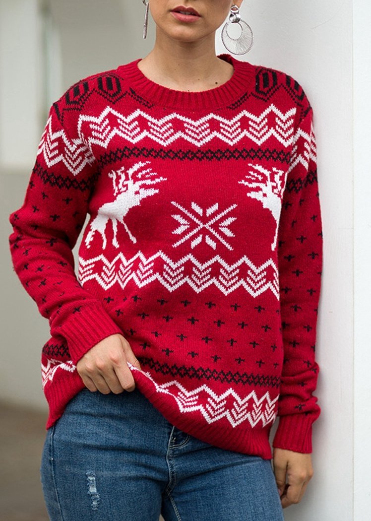 Fashion Deer Print Long Sleeve Round Neck Christmas Knitted Sweater Tops