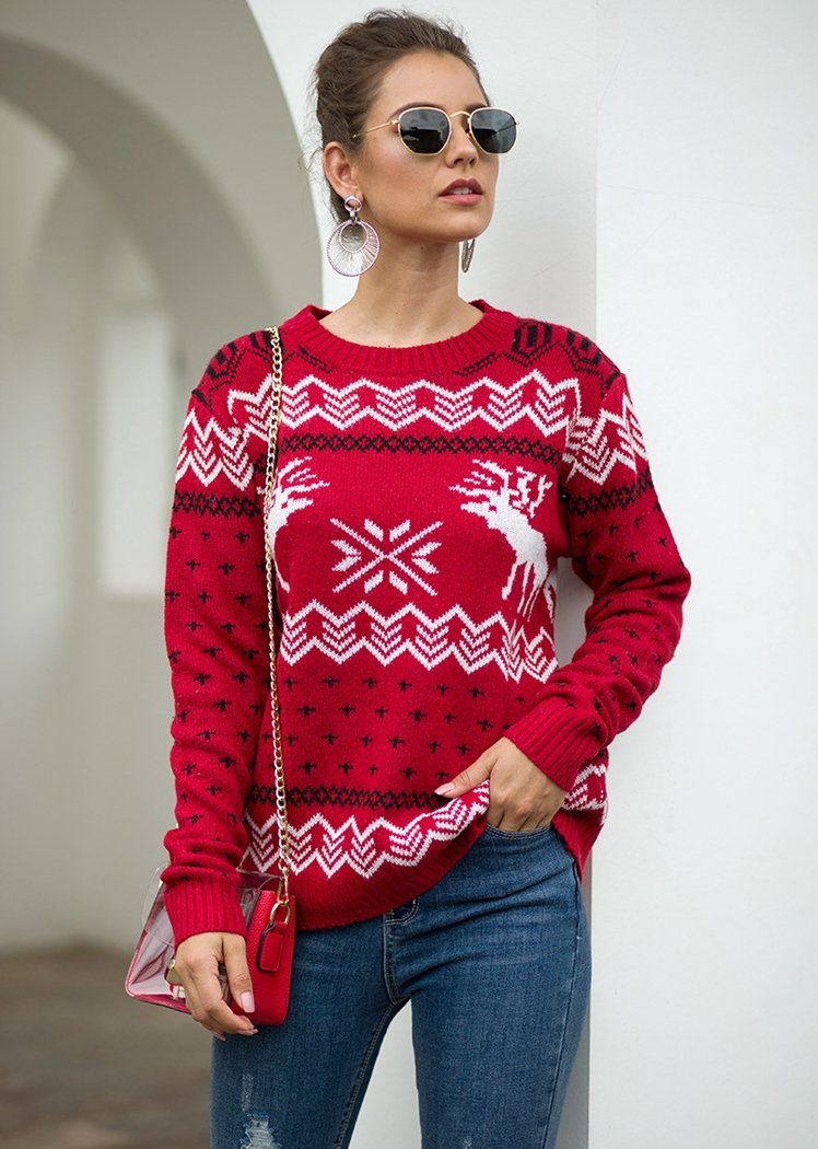 Fashion Deer Print Long Sleeve Round Neck Christmas Knitted Sweater Tops