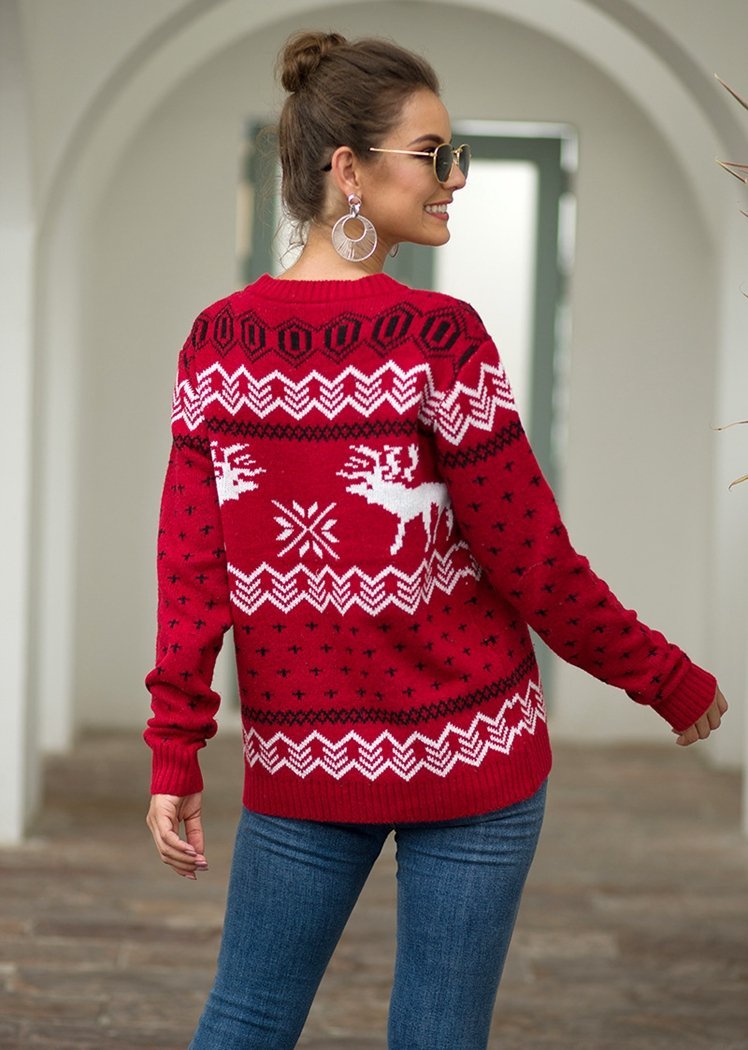 Fashion Deer Print Long Sleeve Round Neck Christmas Knitted Sweater Tops