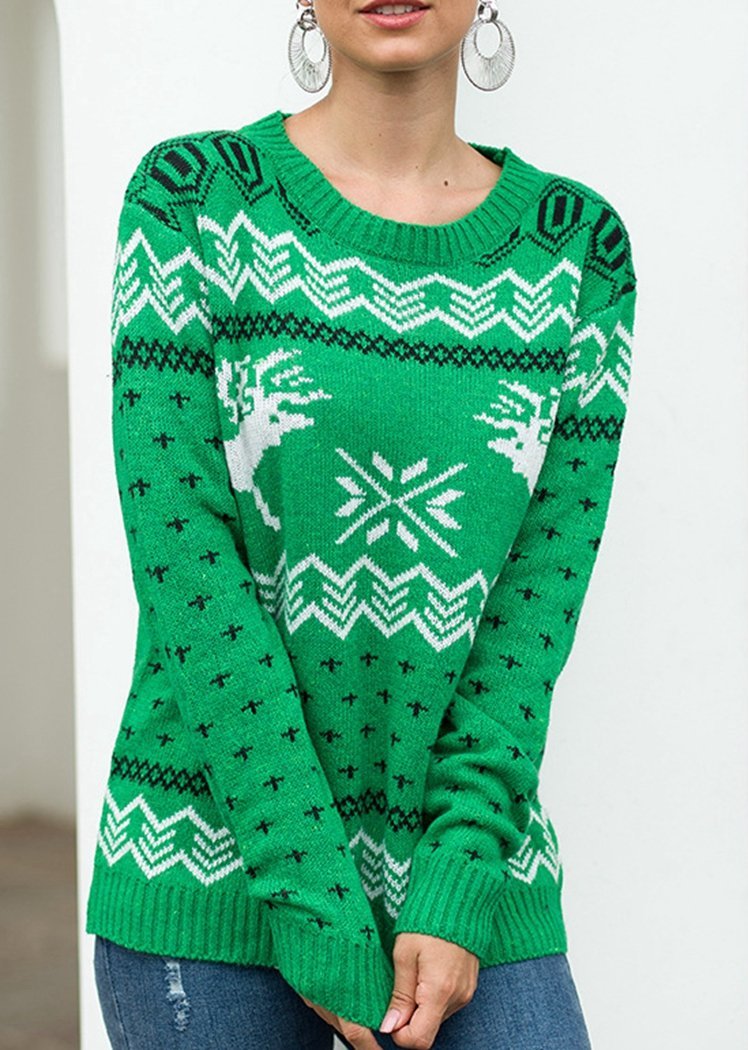 Fashion Deer Print Long Sleeve Round Neck Christmas Knitted Sweater Tops