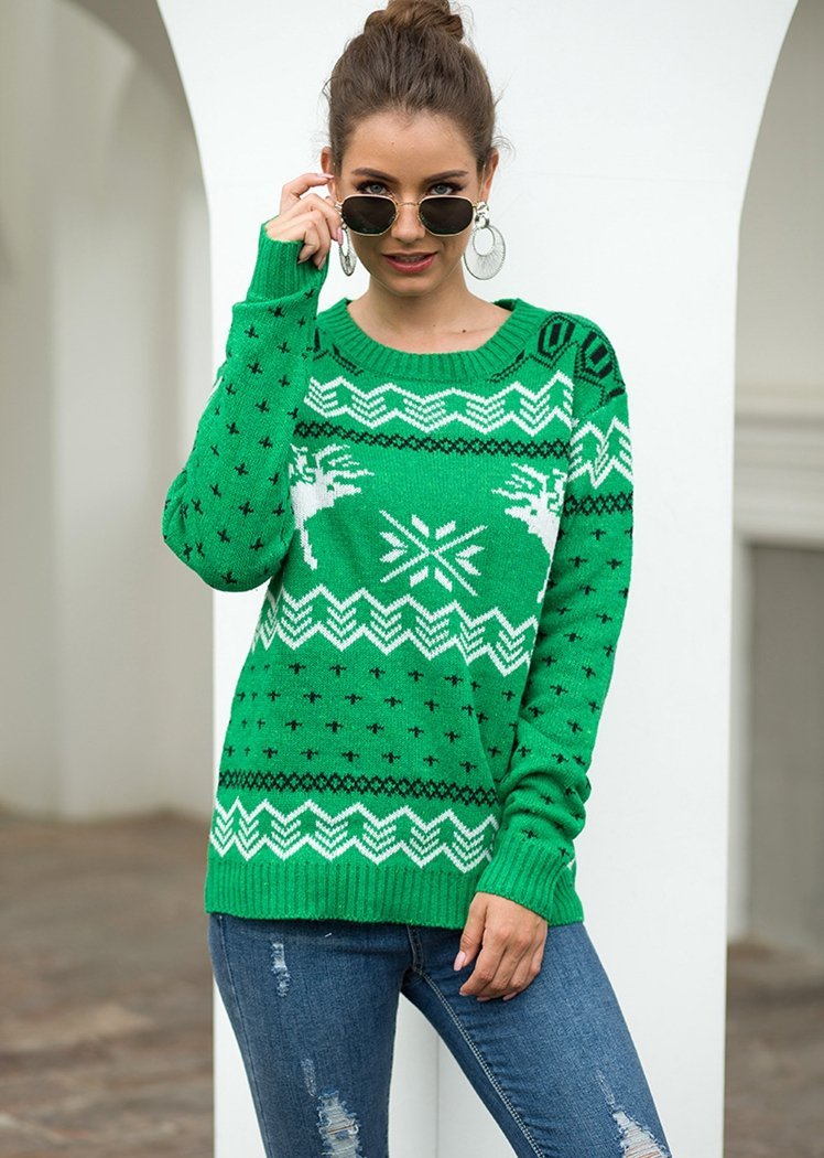 Fashion Deer Print Long Sleeve Round Neck Christmas Knitted Sweater Tops