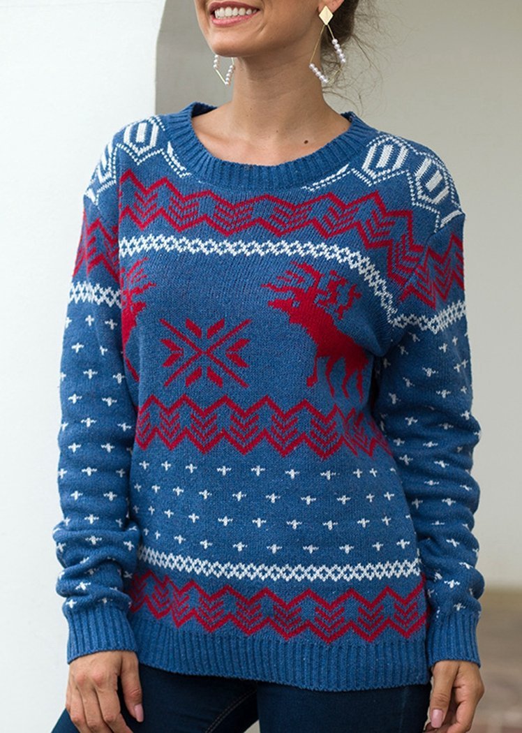 Fashion Deer Print Long Sleeve Round Neck Christmas Knitted Sweater Tops