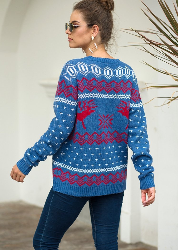 Fashion Deer Print Long Sleeve Round Neck Christmas Knitted Sweater Tops