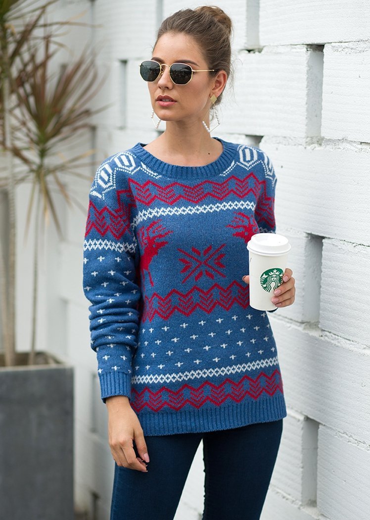 Fashion Deer Print Long Sleeve Round Neck Christmas Knitted Sweater Tops