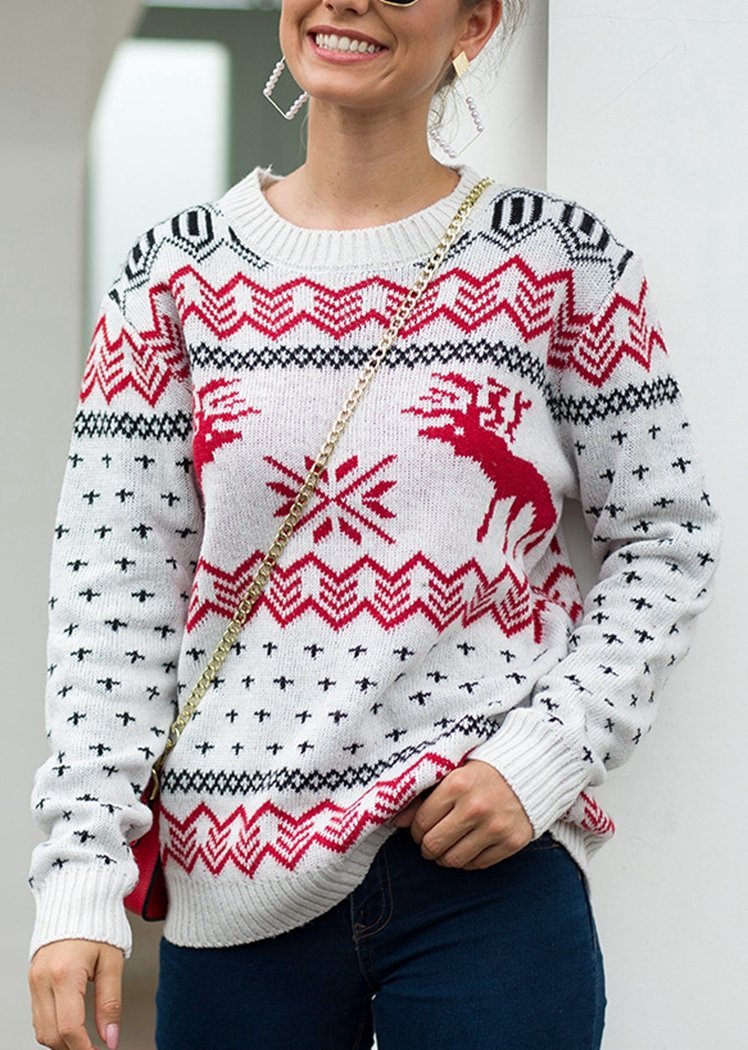 Fashion Deer Print Long Sleeve Round Neck Christmas Knitted Sweater Tops