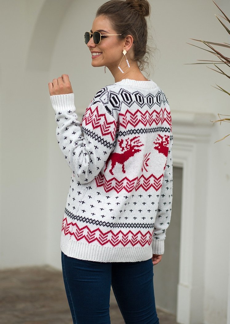 Fashion Deer Print Long Sleeve Round Neck Christmas Knitted Sweater Tops