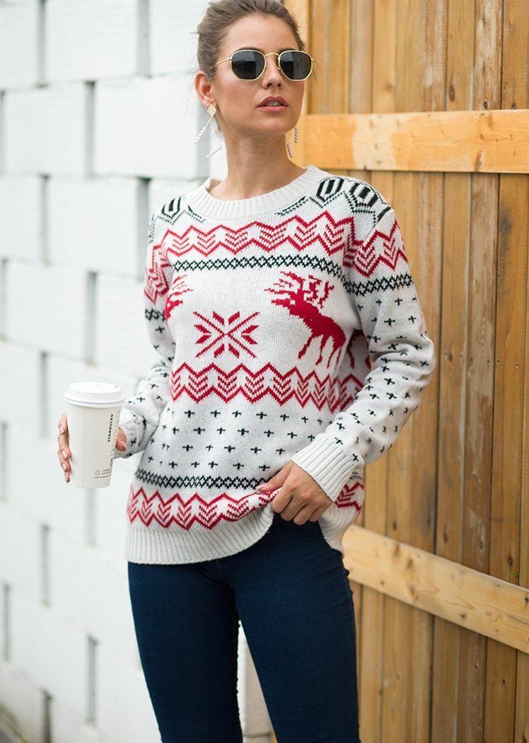 Fashion Deer Print Long Sleeve Round Neck Christmas Knitted Sweater Tops