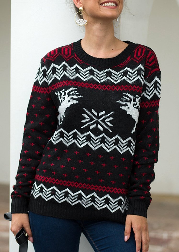 Fashion Deer Print Long Sleeve Round Neck Christmas Knitted Sweater Tops
