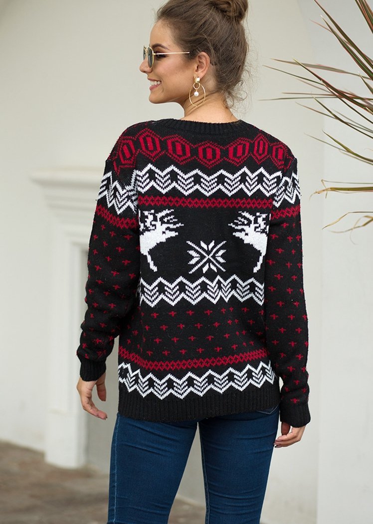 Fashion Deer Print Long Sleeve Round Neck Christmas Knitted Sweater Tops