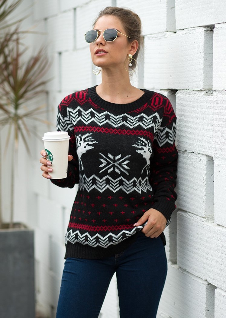 Fashion Deer Print Long Sleeve Round Neck Christmas Knitted Sweater Tops