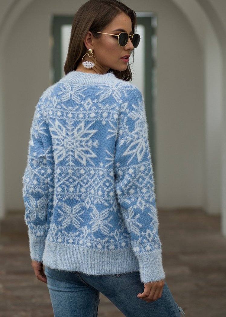 Fashion Snow Print Long Sleeve Round Neck Knitted Sweater Christmas Tops