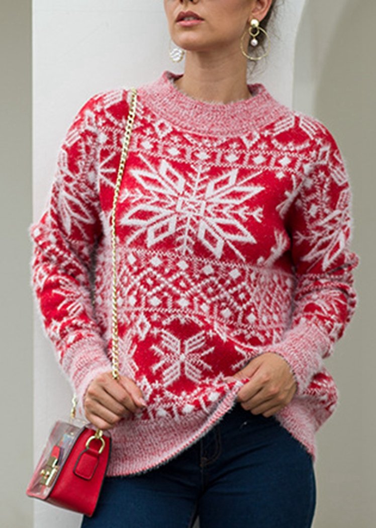 Fashion Snow Print Long Sleeve Round Neck Knitted Sweater Christmas Tops