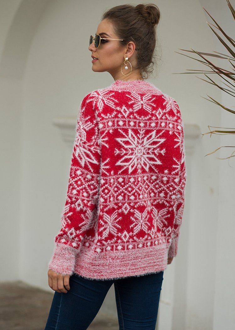 Fashion Snow Print Long Sleeve Round Neck Knitted Sweater Christmas Tops