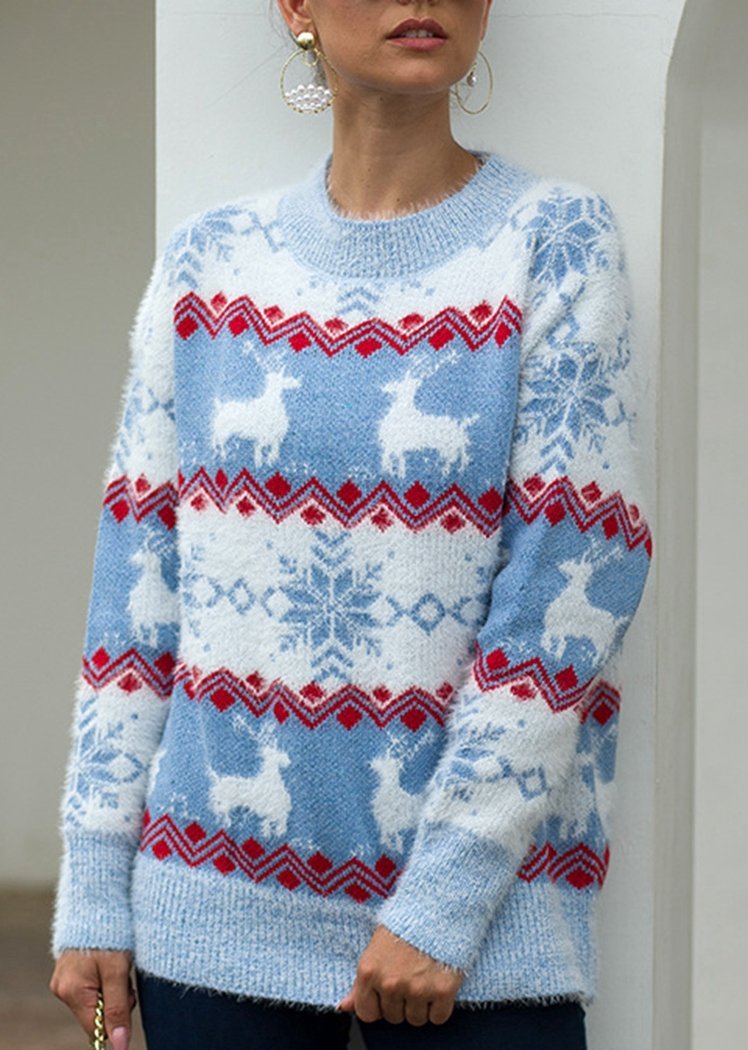 Fashion Snow Deer Print Striped Long Sleeve Round Neck Knitted Sweater Christmas Tops