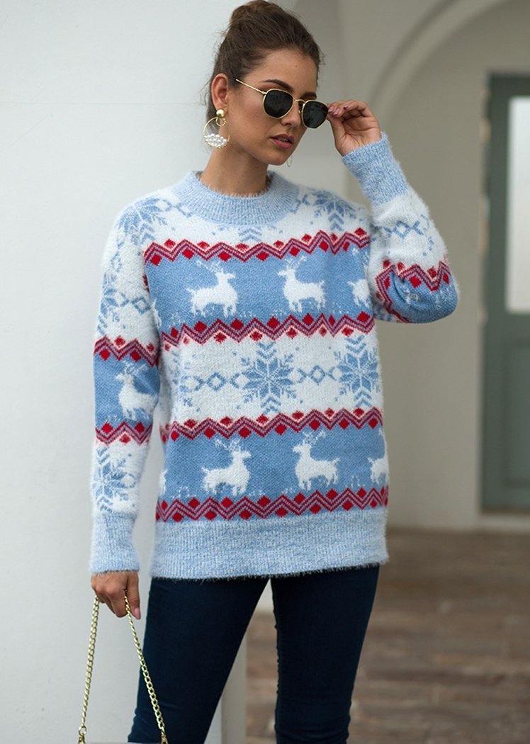 Fashion Snow Deer Print Striped Long Sleeve Round Neck Knitted Sweater Christmas Tops