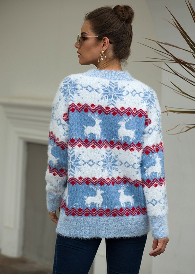 Fashion Snow Deer Print Striped Long Sleeve Round Neck Knitted Sweater Christmas Tops