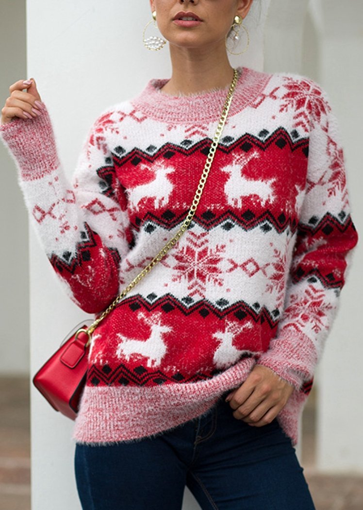 Fashion Snow Deer Print Striped Long Sleeve Round Neck Knitted Sweater Christmas Tops