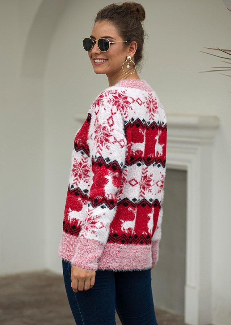 Fashion Snow Deer Print Striped Long Sleeve Round Neck Knitted Sweater Christmas Tops