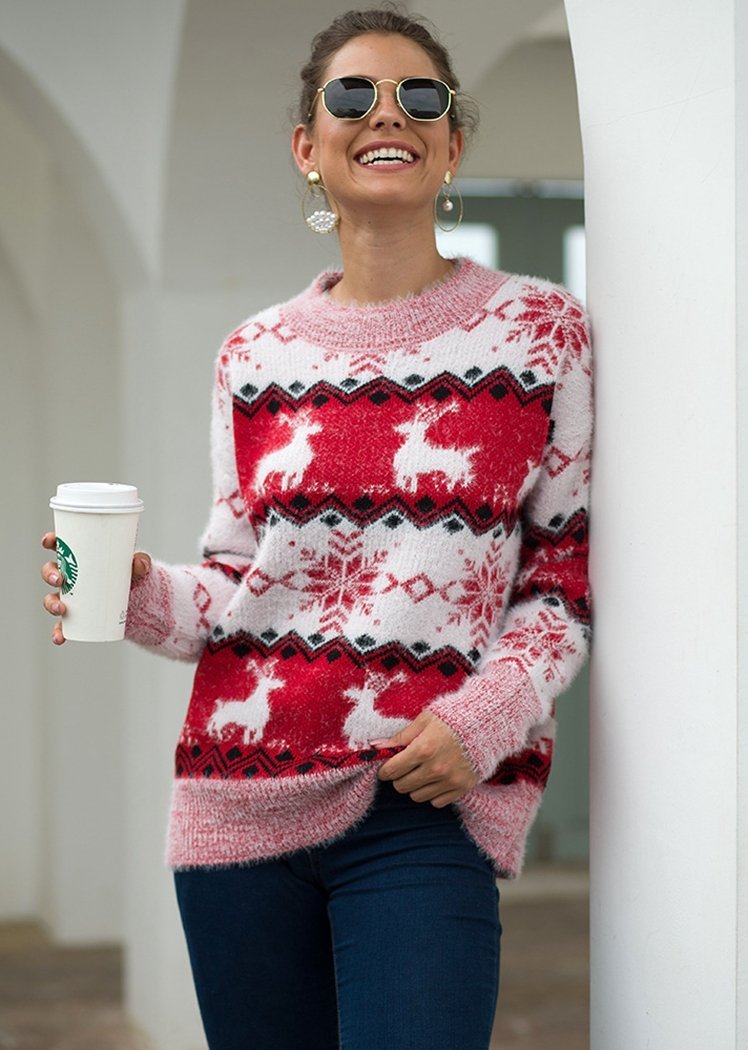 Fashion Snow Deer Print Striped Long Sleeve Round Neck Knitted Sweater Christmas Tops