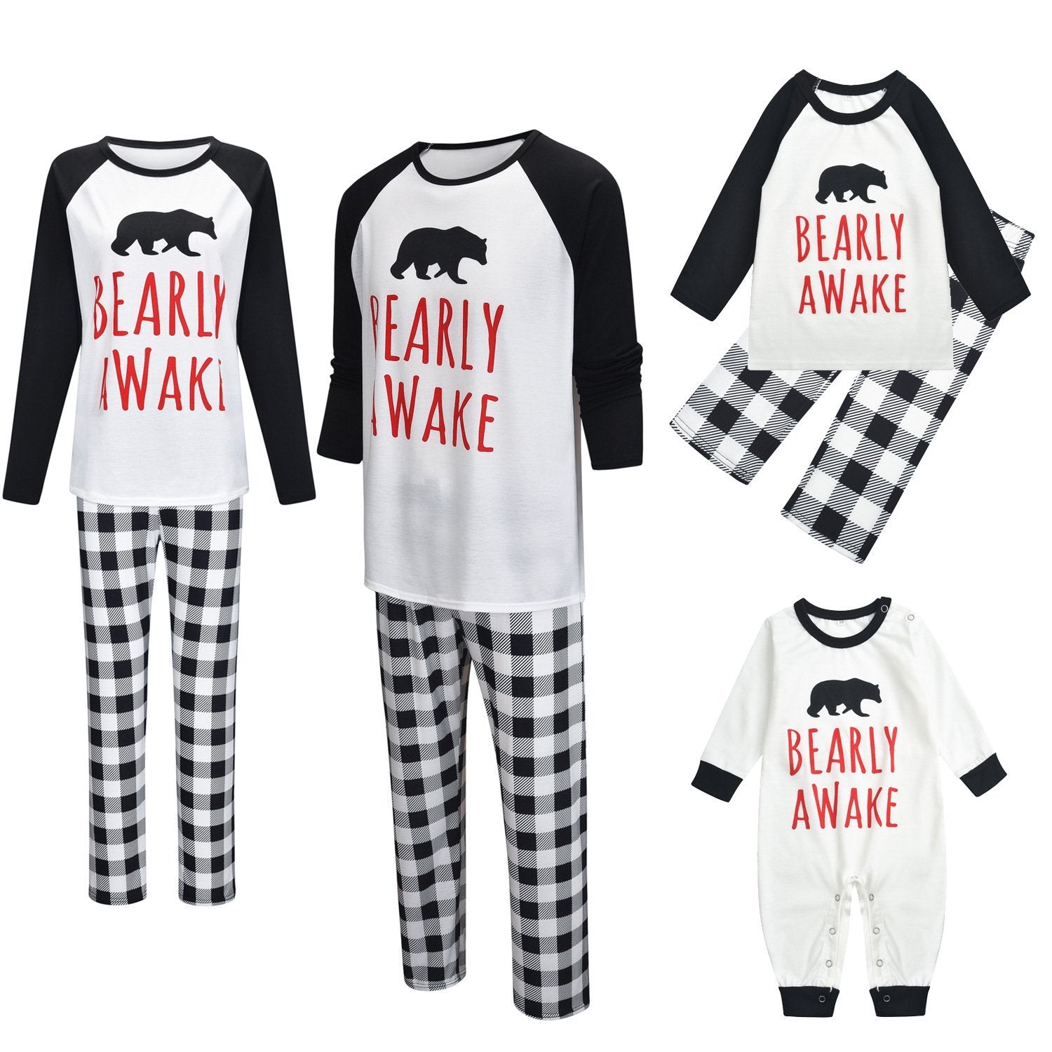 Fashion Bear Print white Plaid Long Sleeve 2 Pieces Christmas Pagamas Family Outfits
