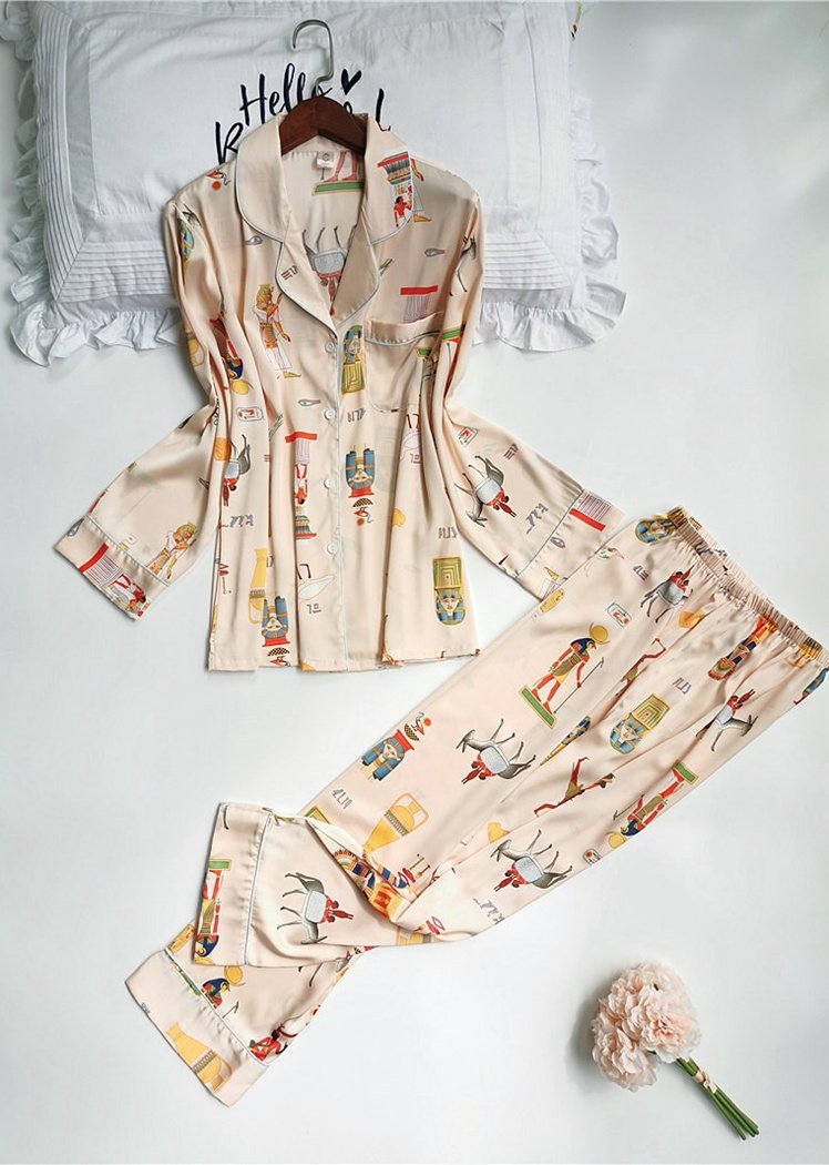 Egyptian Pharaoh Printed Satin Long Sleeve Button Down Sleepwear Set 2 Pieces