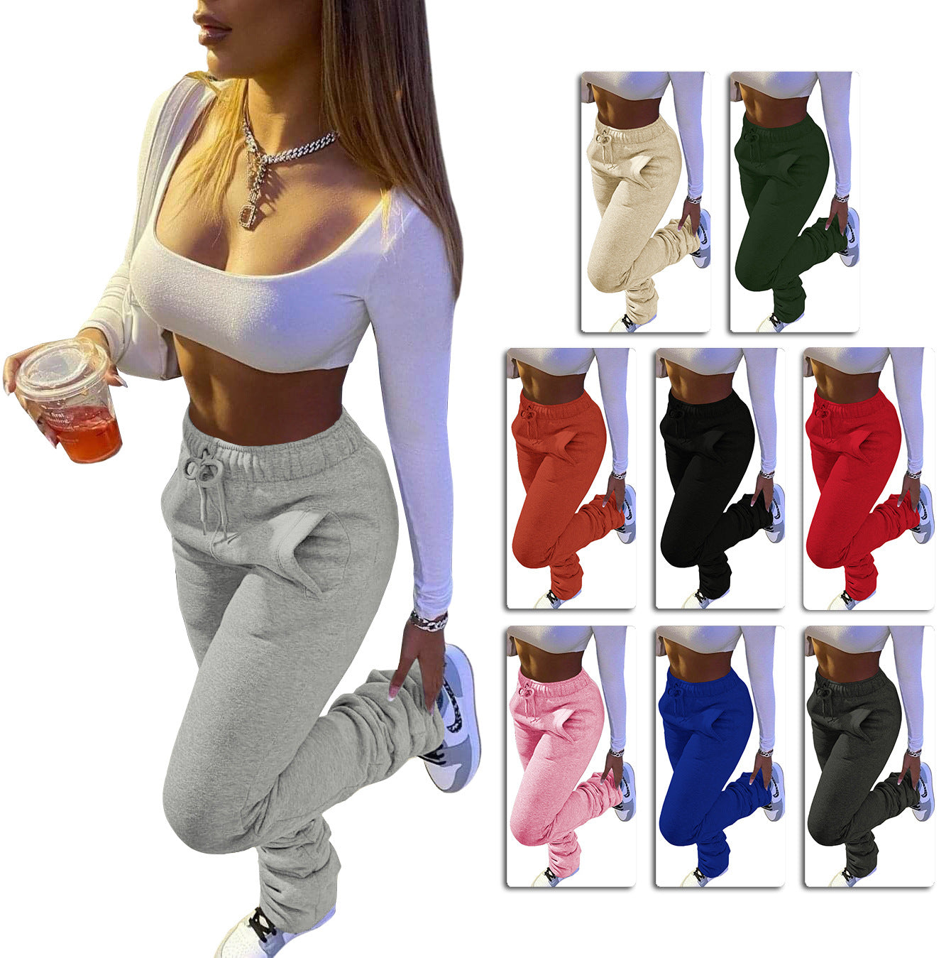 Free Shipping Fleece and Thicken Sports Casual Elastic High Waisted Pile Up Pants With Pocketss
