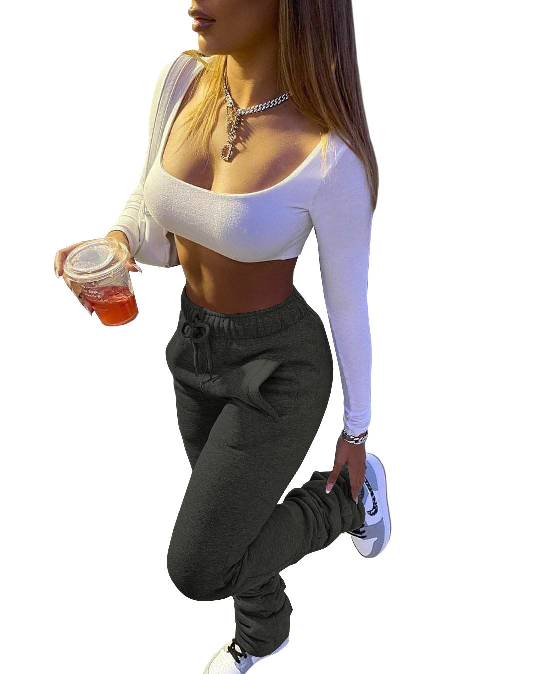 Free Shipping Fleece and Thicken Sports Casual Elastic High Waisted Pile Up Pants With Pocketss