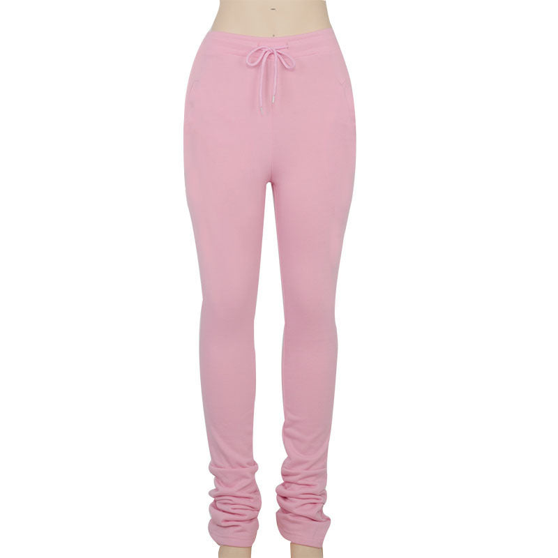 Free Shipping Fleece and Thicken Sports Casual Elastic High Waisted Pile Up Pants With Pocketss