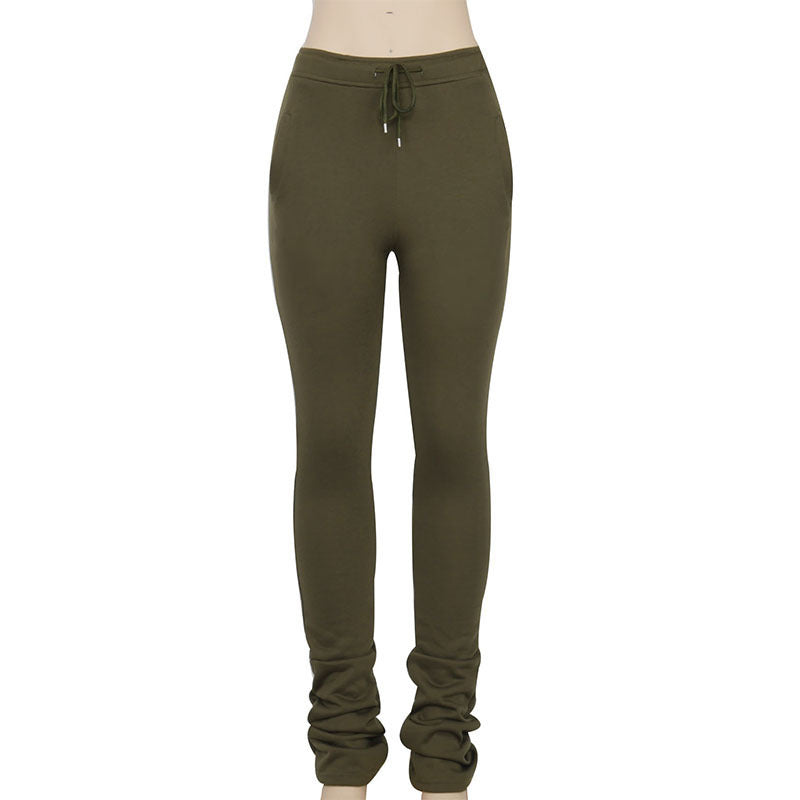Free Shipping Fleece and Thicken Sports Casual Elastic High Waisted Pile Up Pants With Pocketss