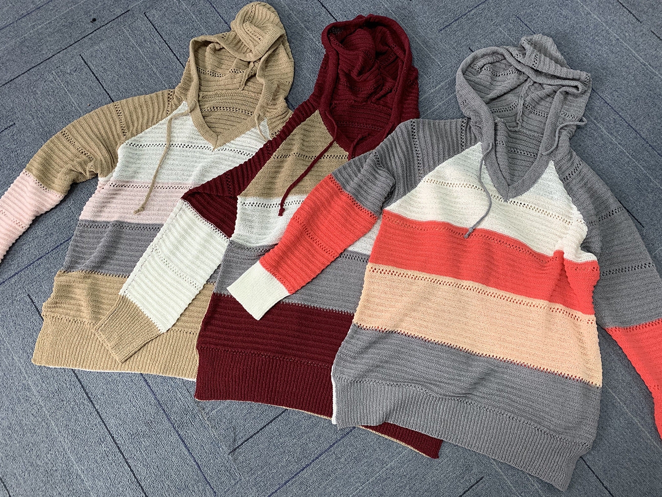 Fashion Women Striped Lightweight High-elastic Long Sleeves Hoodie Outerwear Pullover Knited Sweater