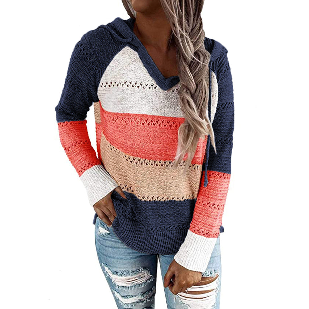 Fashion Women Striped Lightweight High-elastic Long Sleeves Hoodie Outerwear Pullover Knited Sweater