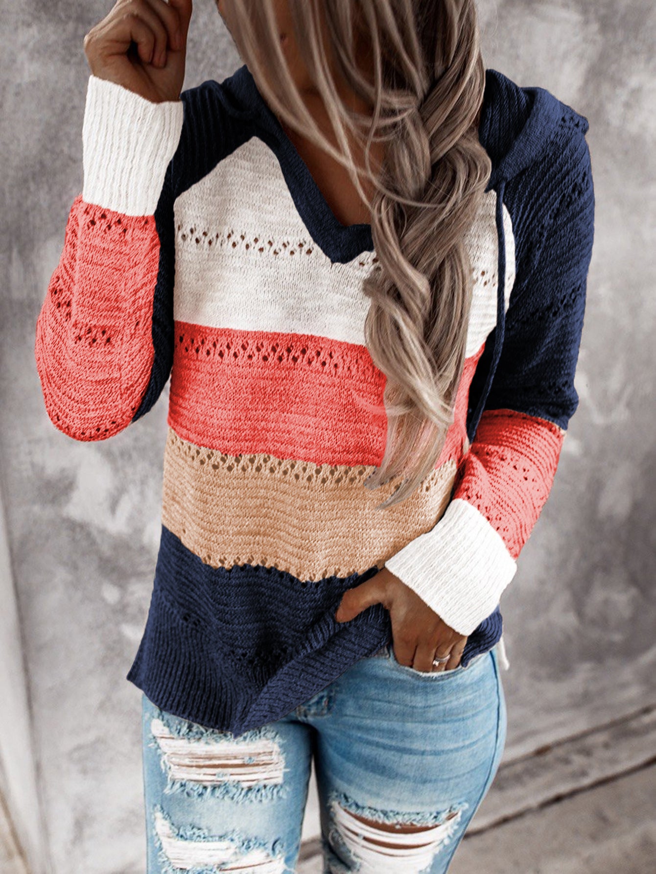 Fashion Women Striped Lightweight High-elastic Long Sleeves Hoodie Outerwear Pullover Knited Sweater