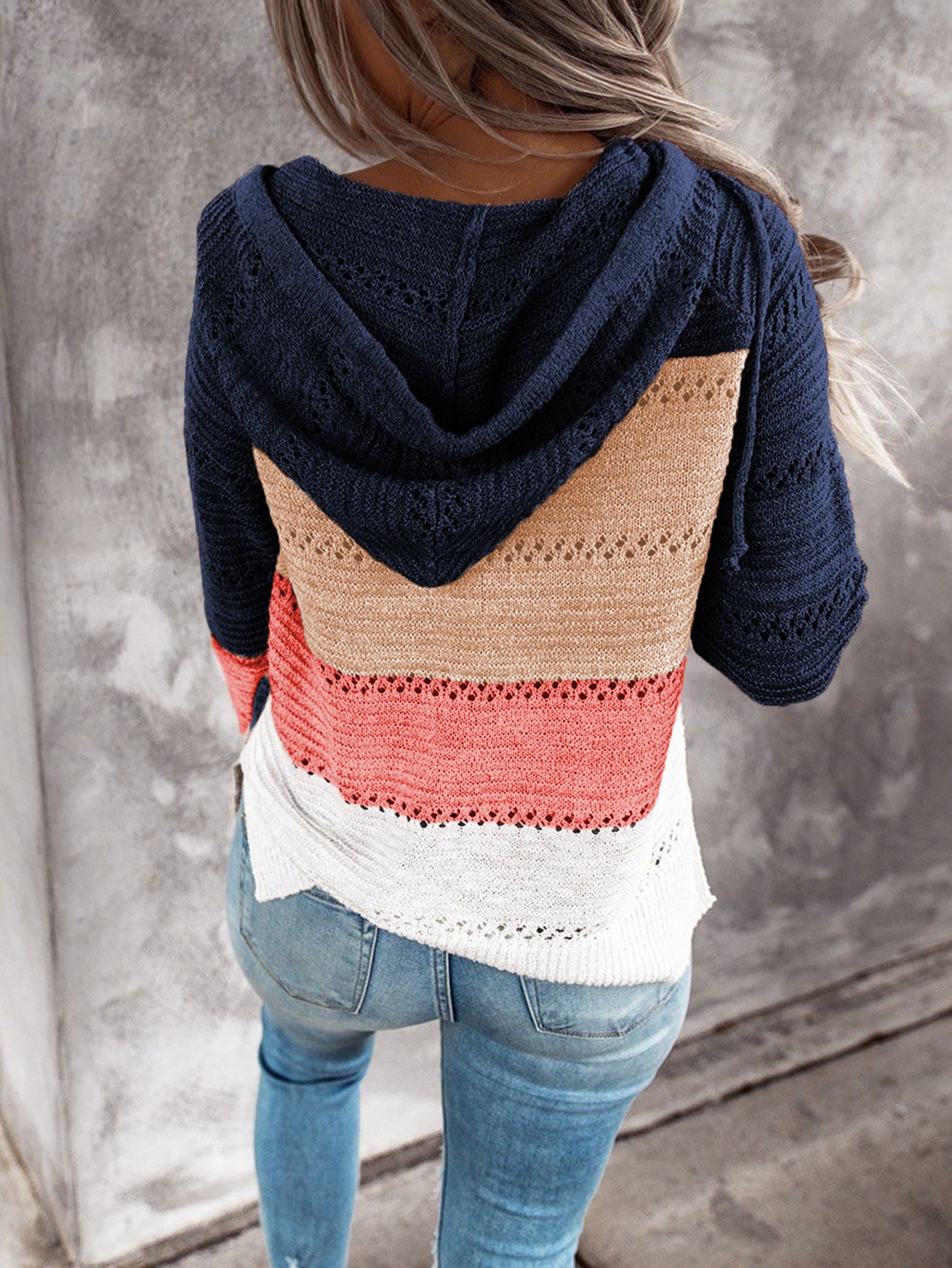 Fashion Women Striped Lightweight High-elastic Long Sleeves Hoodie Outerwear Pullover Knited Sweater