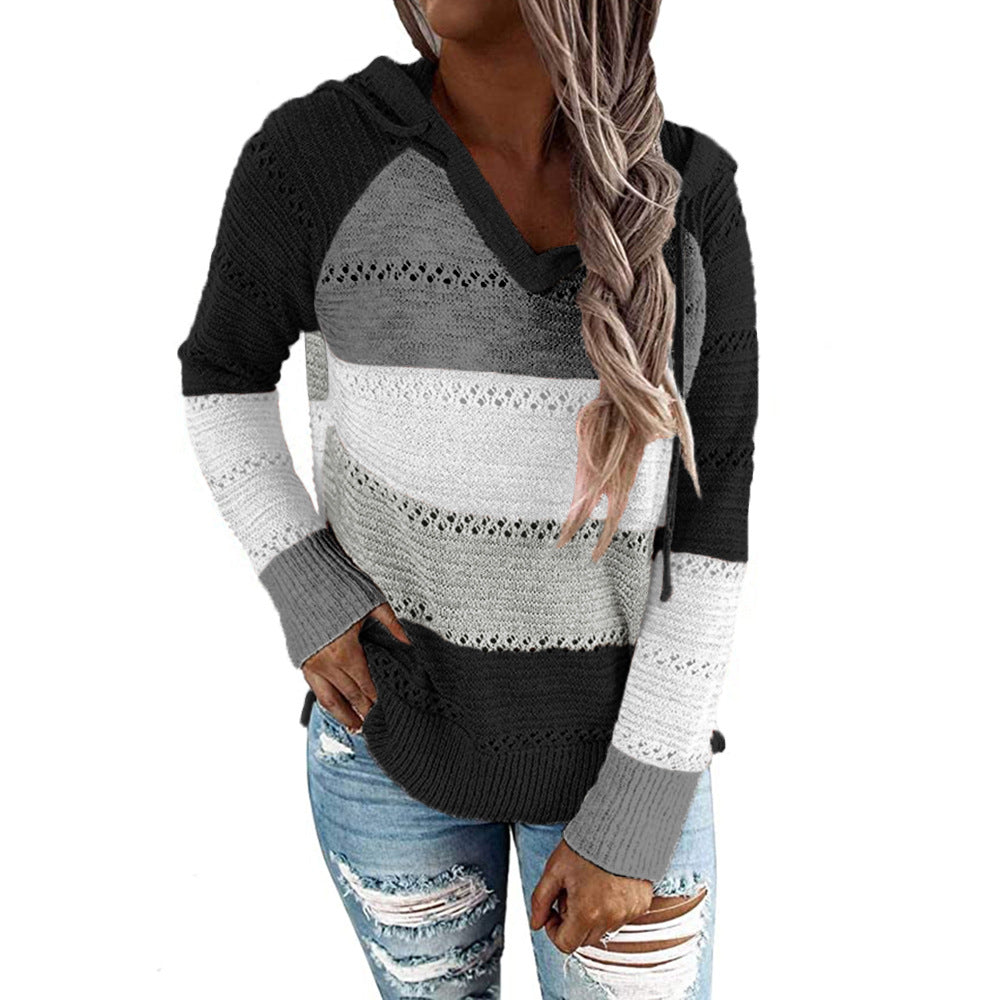 Fashion Women Striped Lightweight High-elastic Long Sleeves Hoodie Outerwear Pullover Knited Sweater