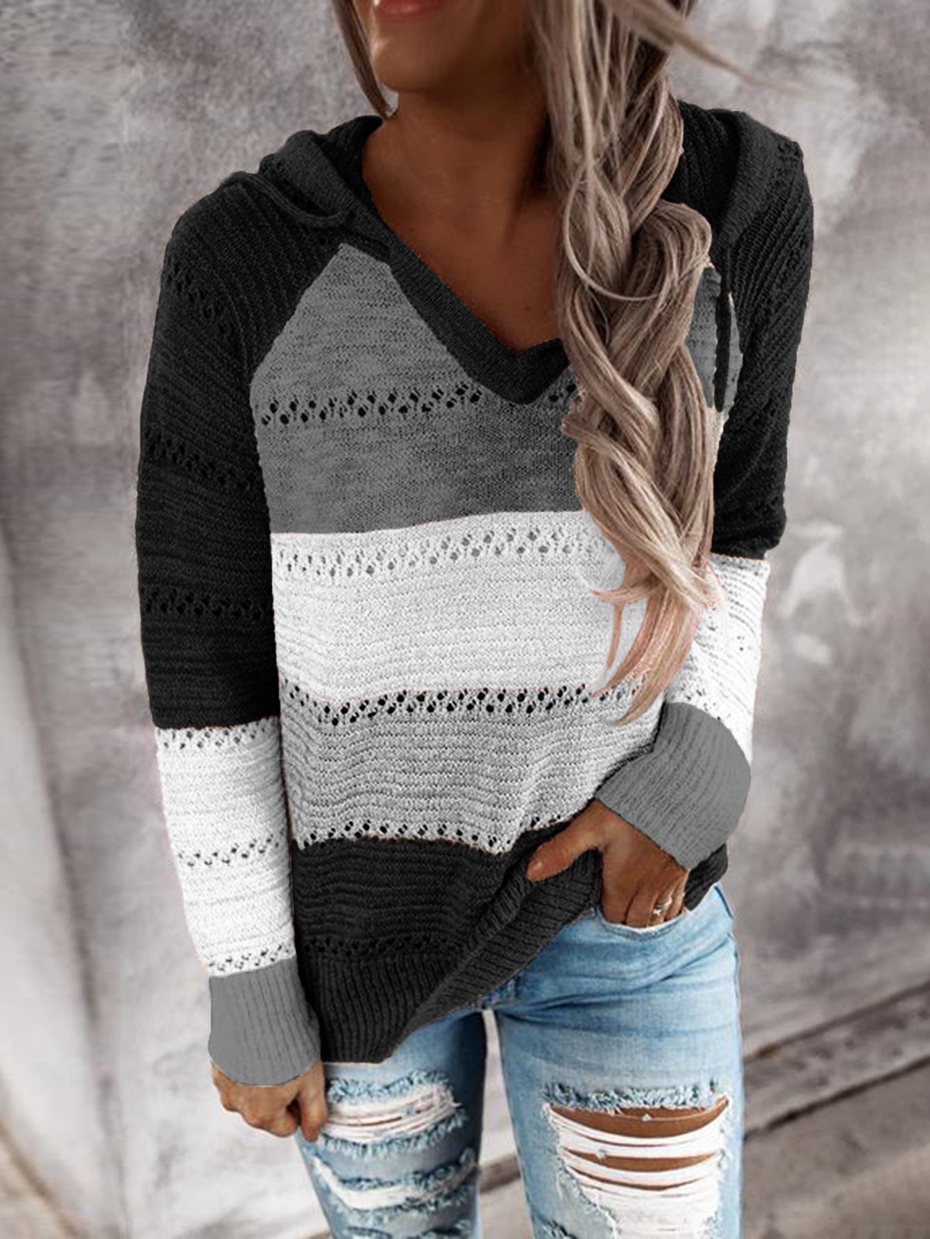 Fashion Women Striped Lightweight High-elastic Long Sleeves Hoodie Outerwear Pullover Knited Sweater