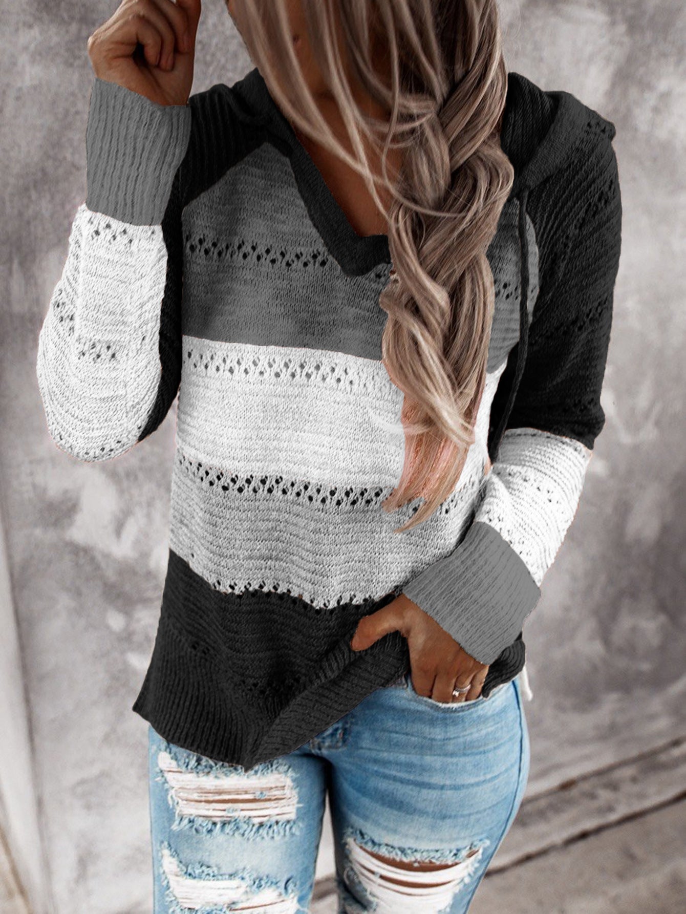 Fashion Women Striped Lightweight High-elastic Long Sleeves Hoodie Outerwear Pullover Knited Sweater