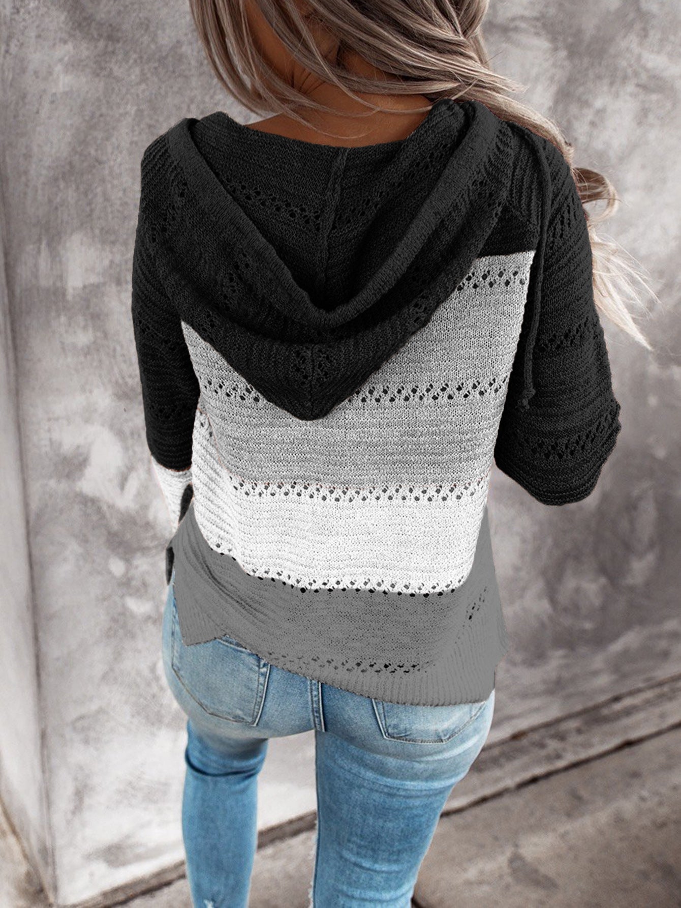 Fashion Women Striped Lightweight High-elastic Long Sleeves Hoodie Outerwear Pullover Knited Sweater