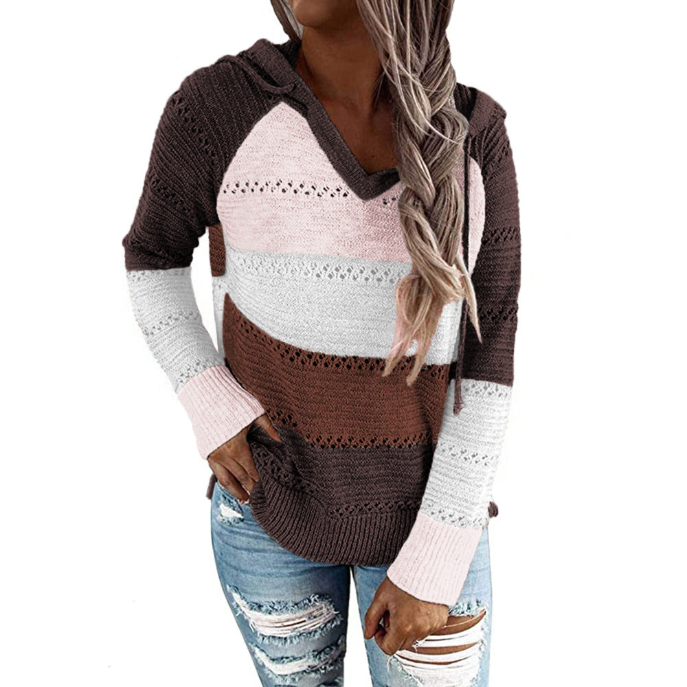 Fashion Women Striped Lightweight High-elastic Long Sleeves Hoodie Outerwear Pullover Knited Sweater