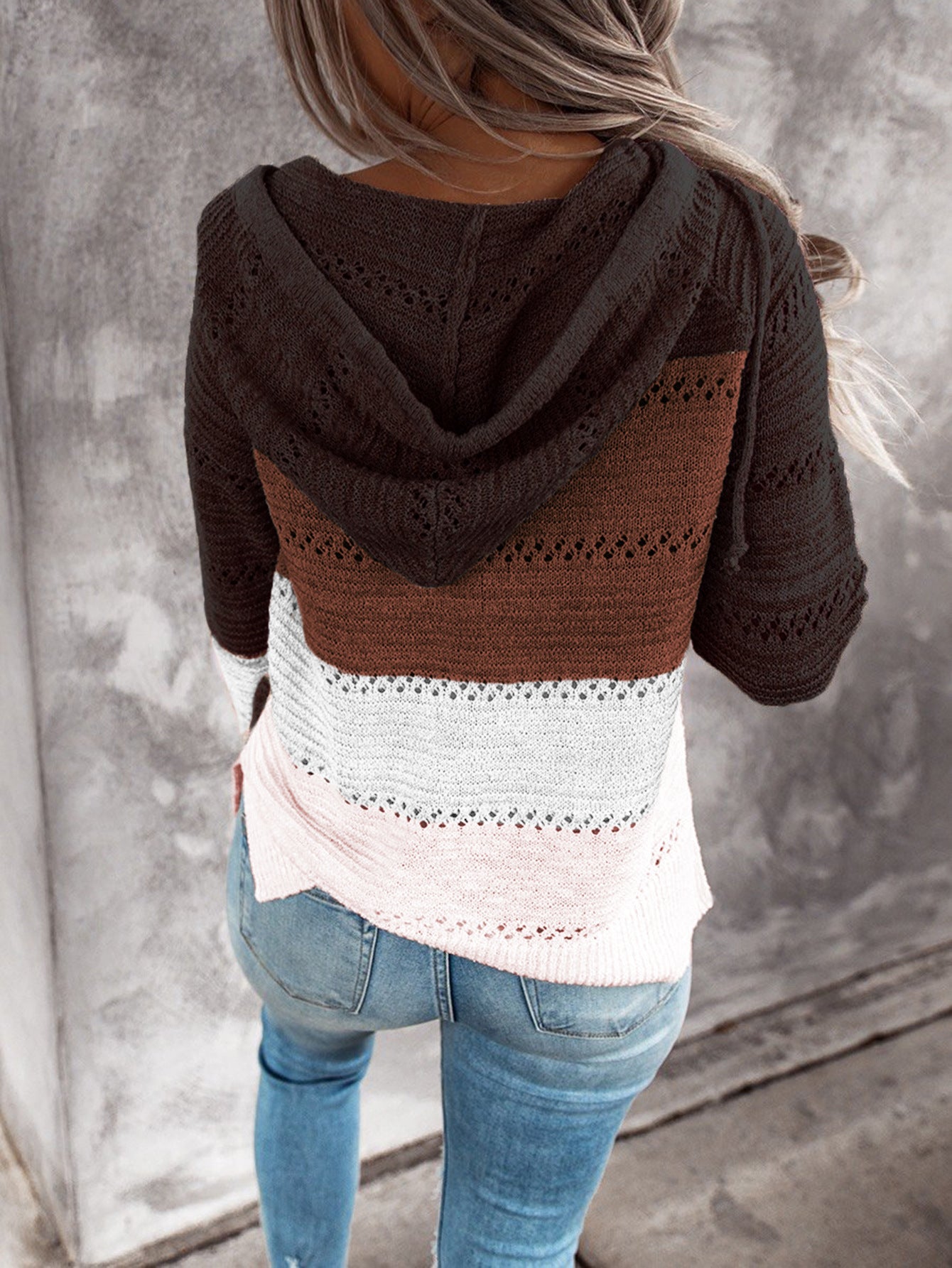 Fashion Women Striped Lightweight High-elastic Long Sleeves Hoodie Outerwear Pullover Knited Sweater